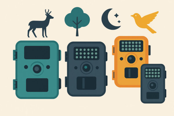 Wildkamera Vergleich – beste Modelle im Überblick Wildkamera Vergleich – Illustration mit Wildkameras und Tiersymbolen