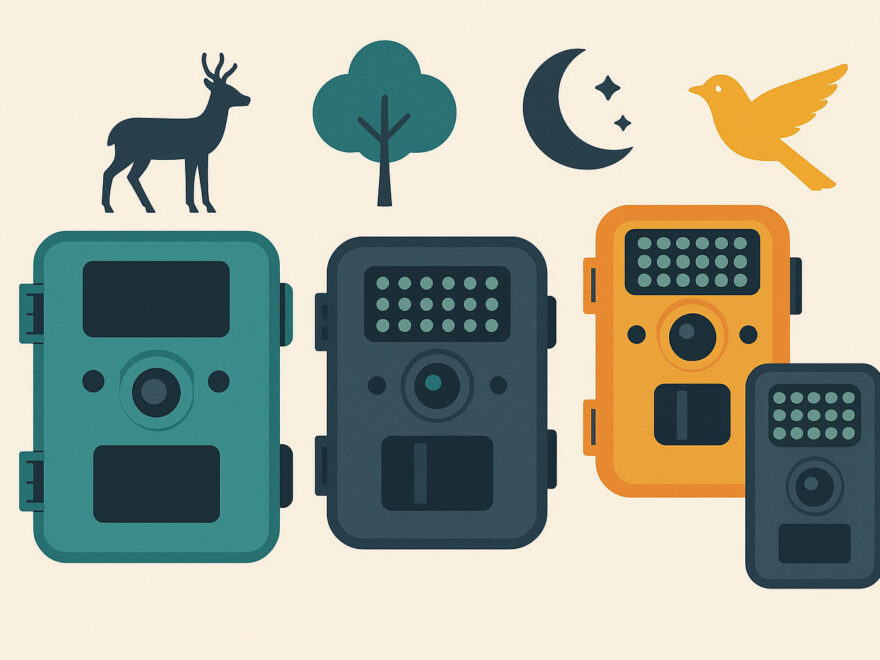 Wildkamera Vergleich – Illustration mit Wildkameras und Tiersymbolen