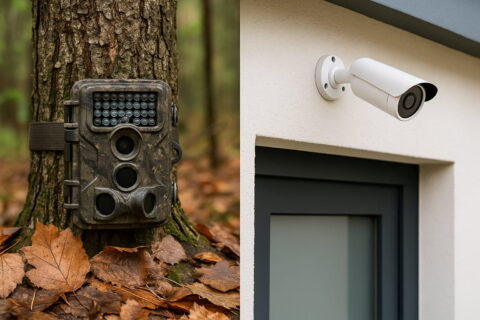Wildkamera vs Überwachungskamera im Vergleich der Einsatzgebiete – Waldtierbeobachtung und Haussicherheit nebeneinander dargestellt