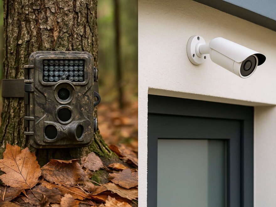 Wildkamera vs Überwachungskamera im Vergleich der Einsatzgebiete – Waldtierbeobachtung und Haussicherheit nebeneinander dargestellt