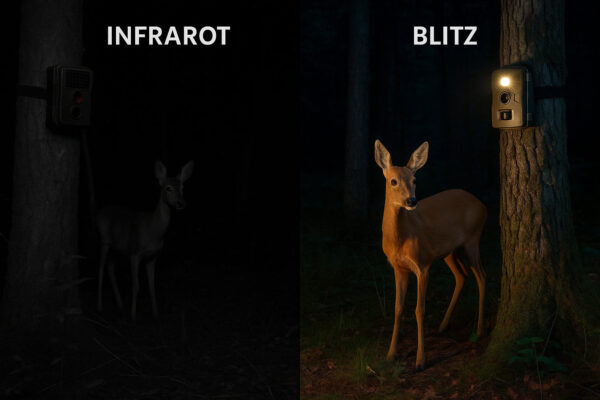 Infrarot vs. Blitz – Vergleich der Nachtaufnahmen von Wildkameras Vergleich zwischen Infrarot- und Blitz-Wildkamera bei Nachtaufnahmen im Wald