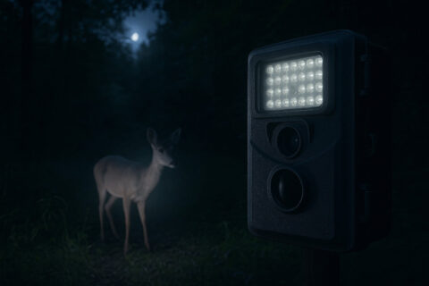 Wildkamera macht Nachtaufnahmen im dunklen Wald mit Infrarotlicht