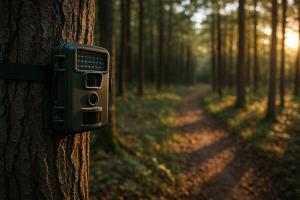 Wildkamera korrekt ausgerichtet mit optimalem Winkel zur Vermeidung von Blendungen und Fehlaufnahmen im Wald