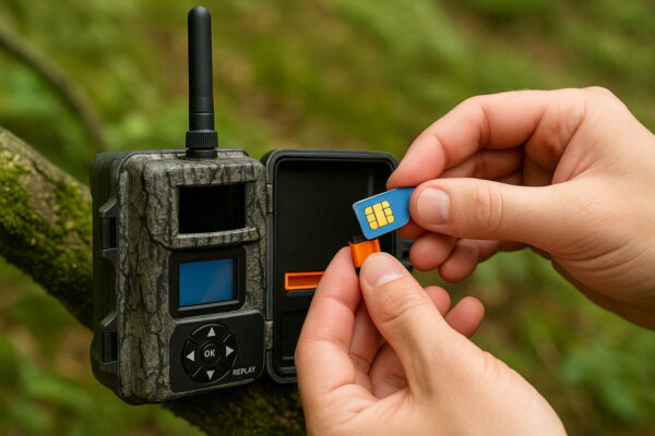 erson installiert eine Wildkamera am Baum und richtet sie technisch ein