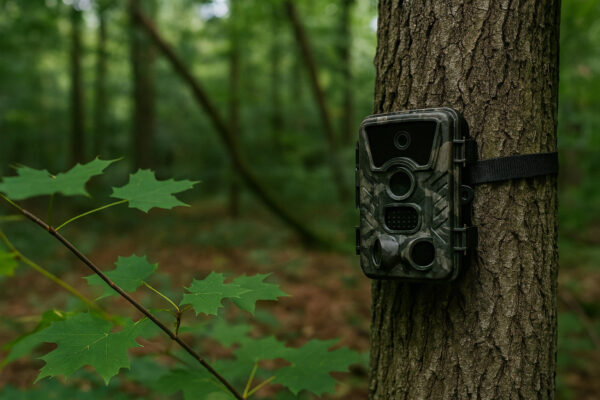 Beispiel für eine falsch ausgerichtete Wildkamera mit verdecktem Sensor und schlechtem Winkel im Wald