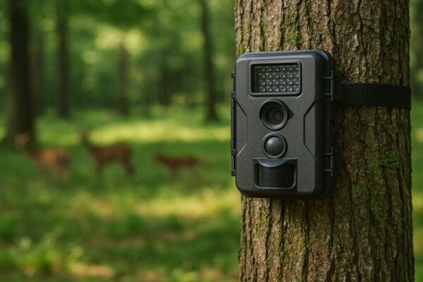 Wildkamera mit WLAN an einem Baum befestigt zur Tierbeobachtung im Wald