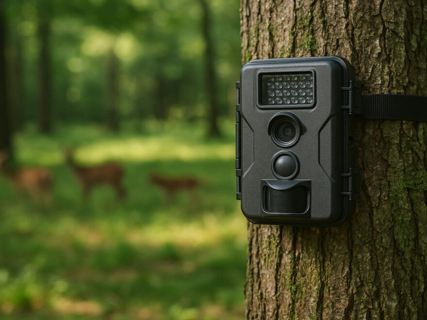 Wildkamera mit WLAN an einem Baum befestigt zur Tierbeobachtung im Wald