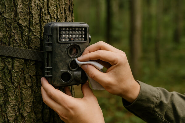 Pflege und Wartung der Wildkamera für bessere Nachtaufnahmen Person reinigt eine Wildkamera für klare Nachtaufnahmen im Wald