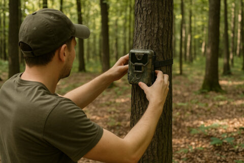 Person zeigt, wie man eine Wildkamera richtig aufstellen sollte, um optimale Aufnahmen im Wald zu erzielen
