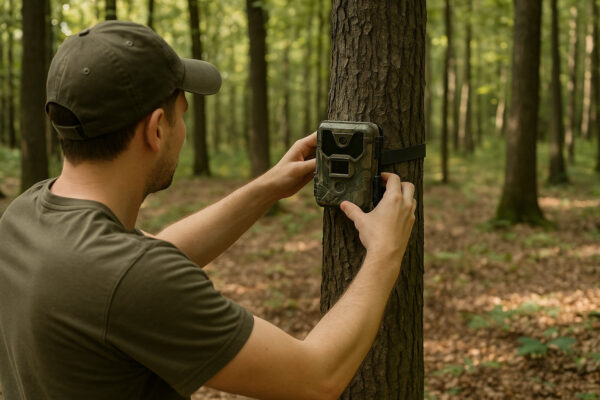 Person zeigt, wie man eine Wildkamera richtig aufstellen sollte, um optimale Aufnahmen im Wald zu erzielen