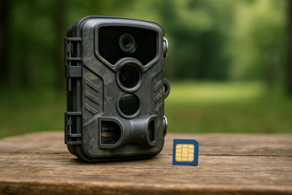 Wildkamera mit SIM-Karte auf Holztisch, zeigt Funktionsweise und SIM-Slot