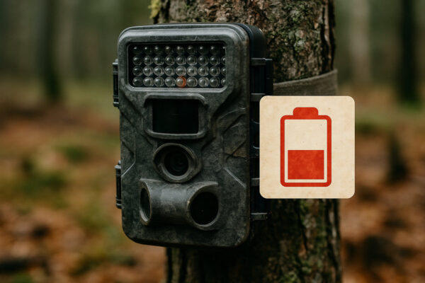 Wildkamera mit niedrigem Batteriestand im Wald als Symbol für häufige Fehler bei der Batterielaufzeit
