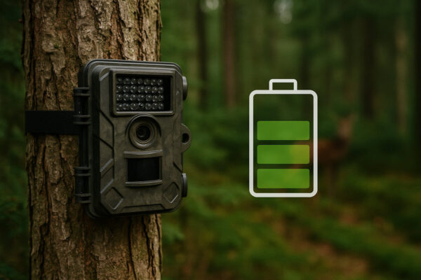 Wildkamera im Wald mit Symbol für volle Batterielaufzeit