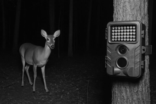 Wildkamera mit aktivem Infrarotlicht beleuchtet ein Reh bei Nacht im Wald