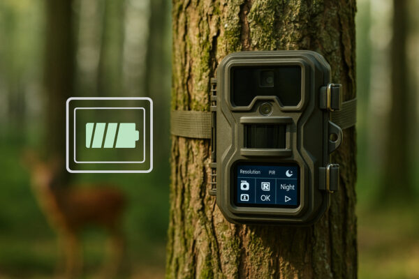 Wildkamera im Wald mit Display für optimale Kameraeinstellungen zur Energieeffizienz