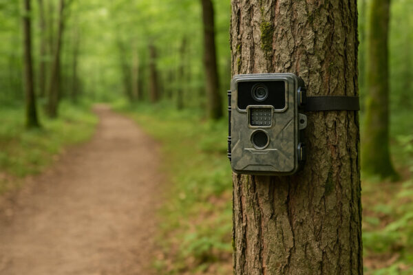 Wildkamera richtig platzieren für bessere Aufnahmen Wildkamera korrekt an einem Baum positioniert mit Blick auf einen Waldweg