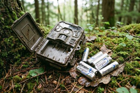 Wildkamera mit geöffnetem Batteriefach und Batterien zur Fehleranalyse