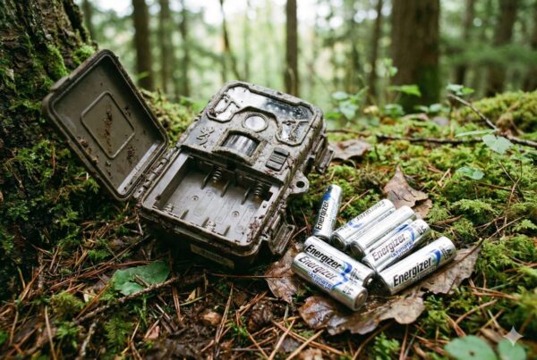 Stromversorgung der Wildkamera überprüfen Wildkamera mit geöffnetem Batteriefach und Batterien zur Fehleranalyse