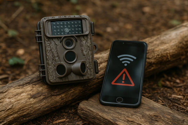 Wildkamera: Probleme bei der Bildübertragung erkennen Wildkamera und Smartphone mit Verbindungsfehler-Symbol im Wald