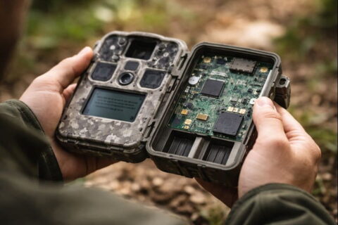 Geöffnete Wildkamera mit sichtbarer Elektronik und Firmware-Komponenten