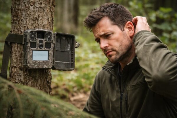 Typische Probleme bei Wildkameras ohne aktuelle Firmware Jäger prüft Wildkamera mit leerem Display im Wald
