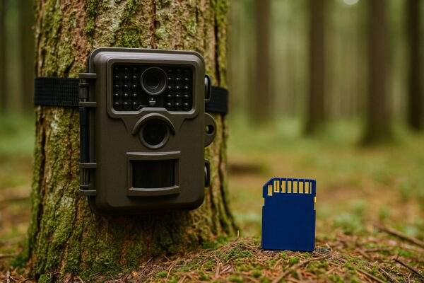 Richtige Speicherkarte für Wildkameras – wichtige Grundlagen Wildkamera am Baum mit SD-Karte – warum die richtige Speicherkarte entscheidend ist