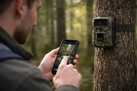 Wildkamera im Wald wird per Smartphone-App gesteuert