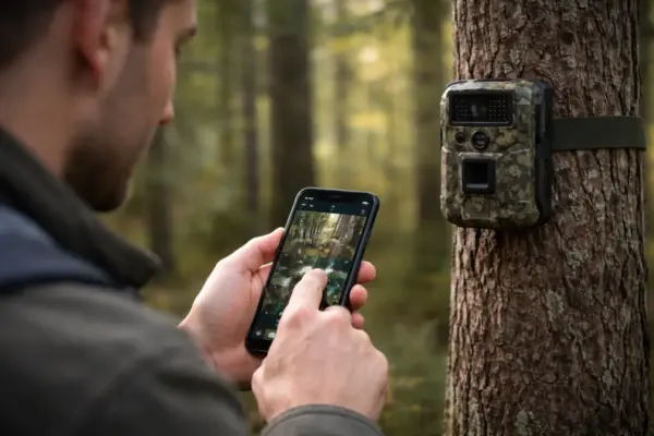 Wildkamera im Wald wird per Smartphone-App gesteuert